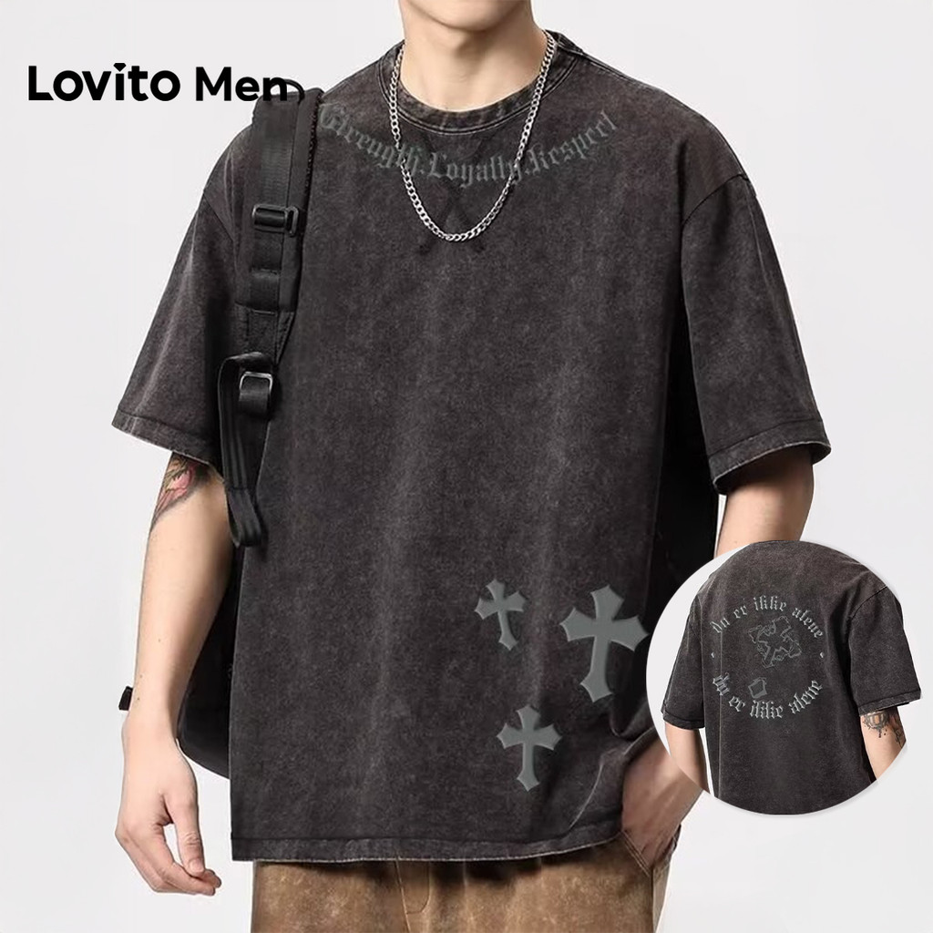 Lovito Men Camiseta Casual Cinza para Homens Primavera/Verão LNE127094 em Oferta na Shopee