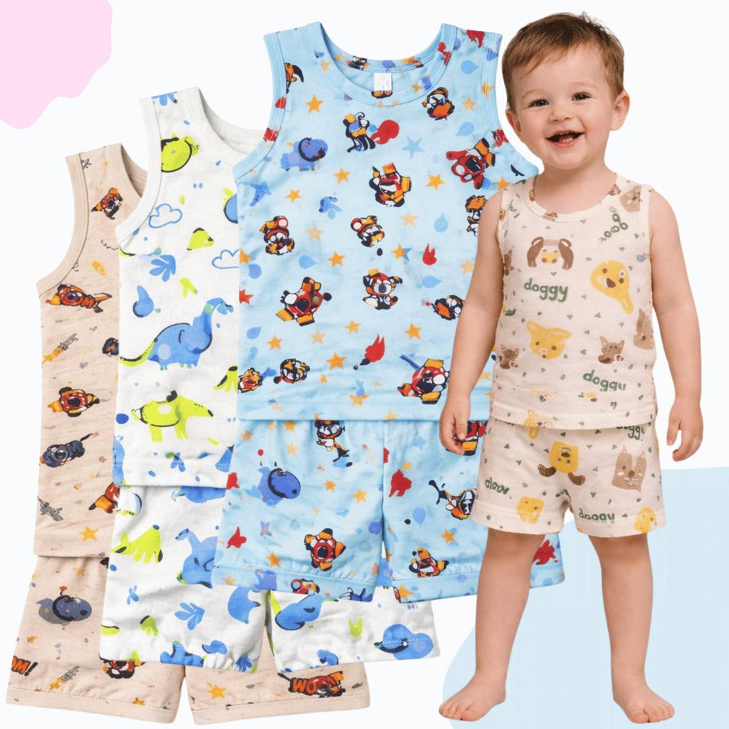 Kit 3 Pijamas Infantis Regatas e Shorts Estampados Menino e Menina 100% Algodão Verão Veste do 1 a 3 Anos