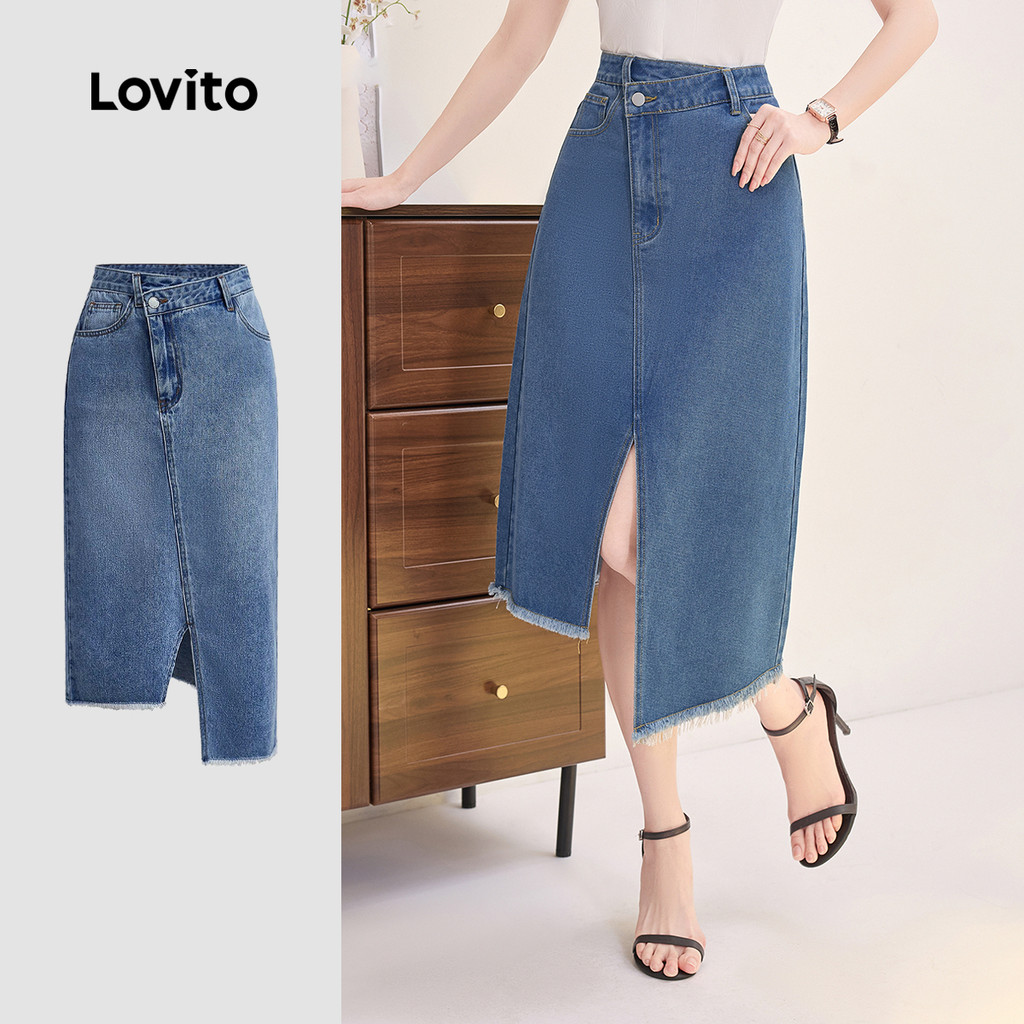 Lovito  Saias de Ganga Lavado Primavera/verão Azul Saias de Ganga para Mulheres L177ED197 em Oferta na Shopee
