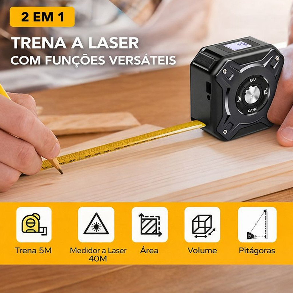Trena Laser Medidor Distancia Digital Alta Precisão Fita Métrica Recarregável 2 Em 1 Até 40 Metro M6