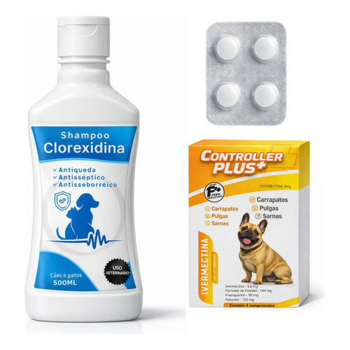 Kit Antiparasitário para Cães Médios até 15kg Ivermectina 3mg + Shampoo Clorexidina Vermífugo 4 em 1