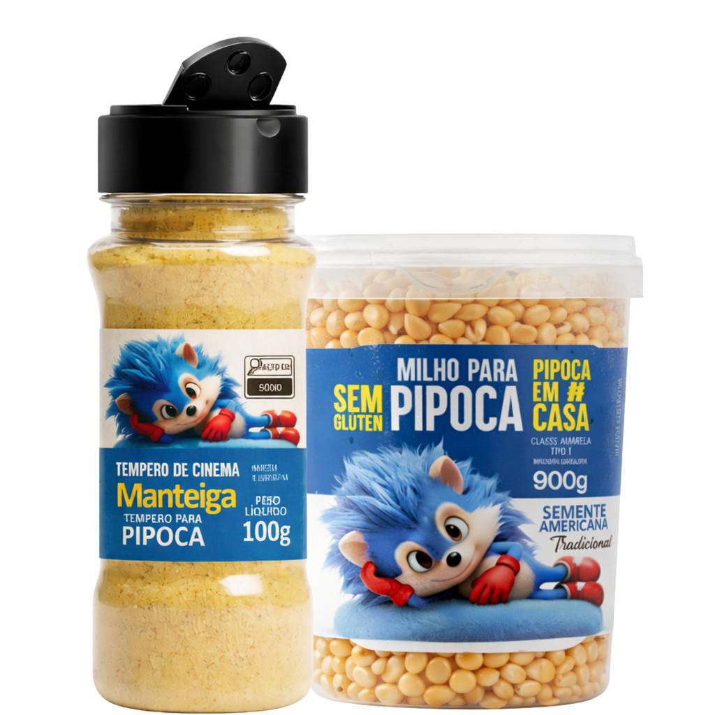 Kit Pipoca Milho 900g + Tempero Manteiga 100g - Pote Azul - Mais Tempero Oficial
