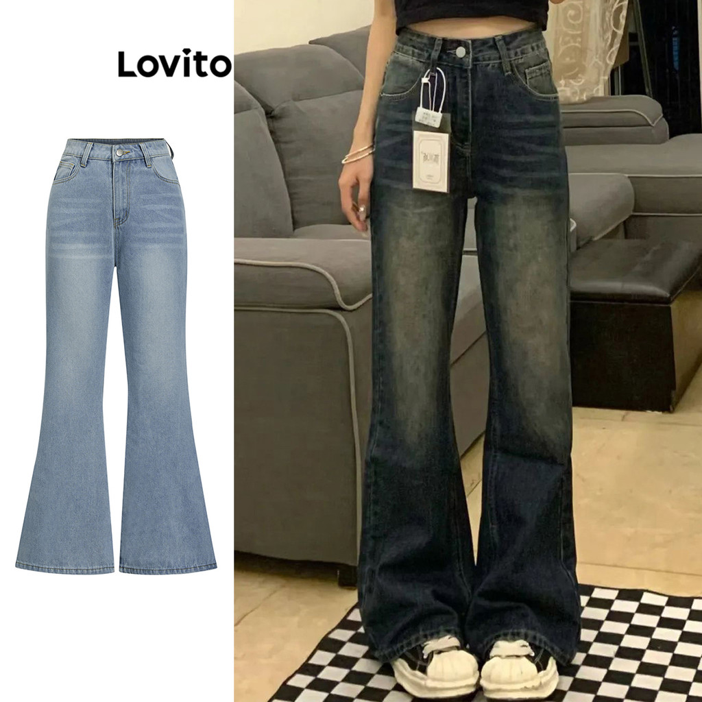 Lovito Casual Calça Jeans Feminina Lisa com Zíper LNA34035 (Multicolorido) em Oferta na Shopee