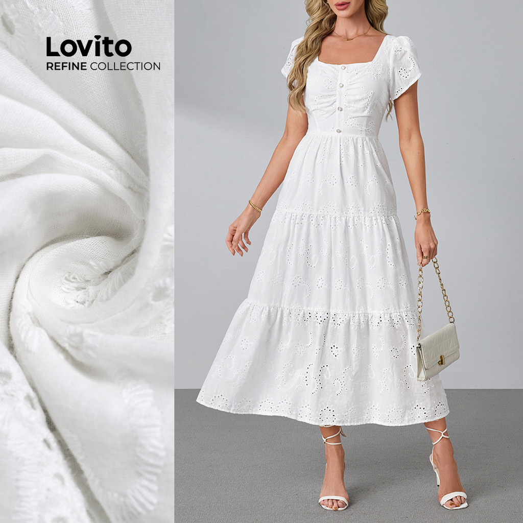 (lovito Refine) Vestido Elegante Em Algodão Bordado Com Recortes Branco Primavera/verão Para Mulheres LR23L165 em Oferta na Shopee