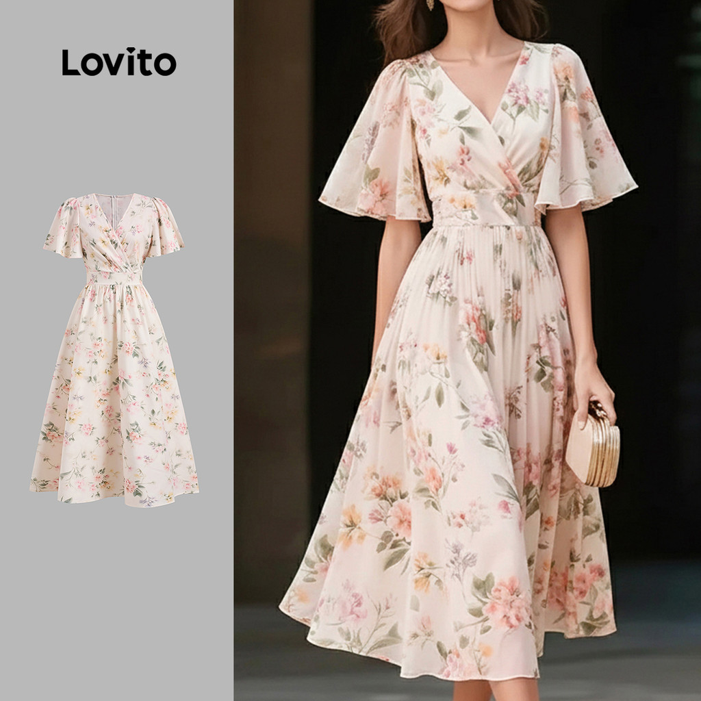 Lovito Vestido elegante com zíper e babados vestido primavera/verão para mulheres LBL32164 em Oferta na Shopee