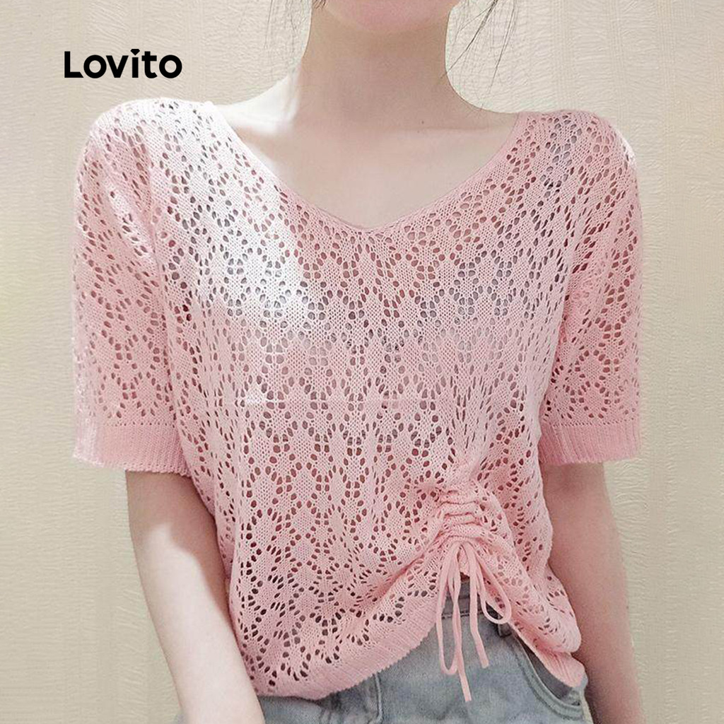 Lovito  Top de Malha Rosa para Mulheres com Padrão Oco e Transparente para primavera/verão. LNE134119 em Oferta na Shopee