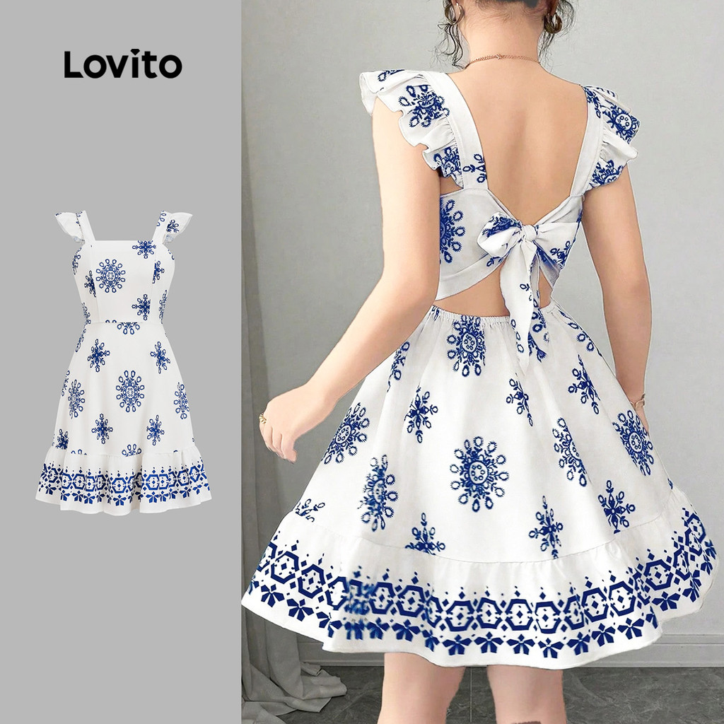 Lovito Vestido Boho Estilo Resort Primavera/verão Azul Branco para mulheres LK2LD400 em Oferta na Shopee