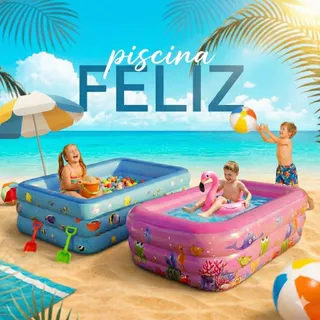 Piscina Inflável Infantil 3 Anéis em PVC Fundo do Mar com Bolinhas Coloridas Diversão e Segurança