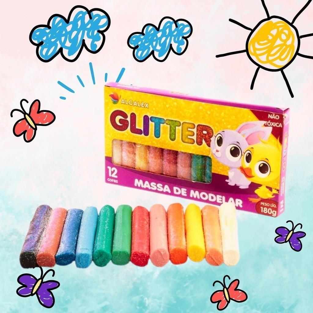 Massinha De Modelar C/ Glitter 12 Cores 180g Infantil Color Alcalex