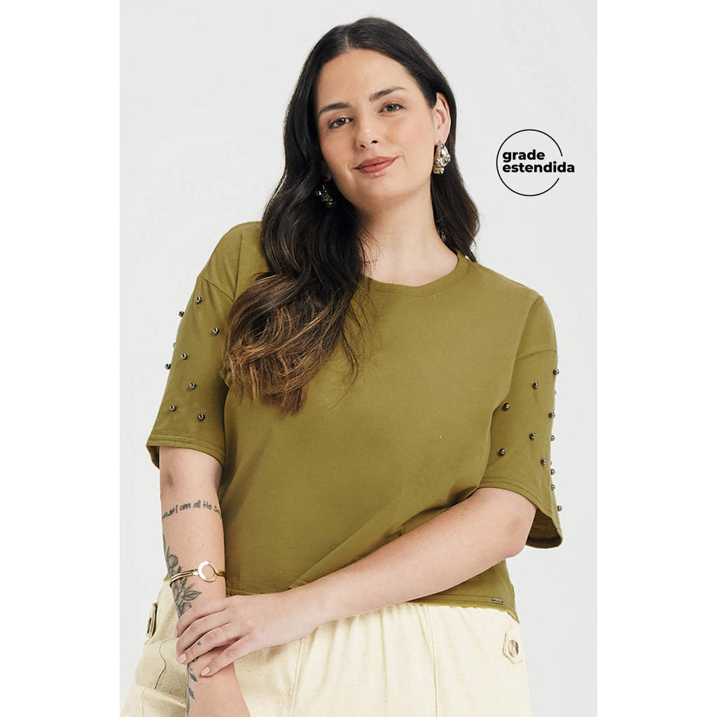 Blusa Feminina Aplicações de Pérolas Marialícia Verde em Oferta na Shopee