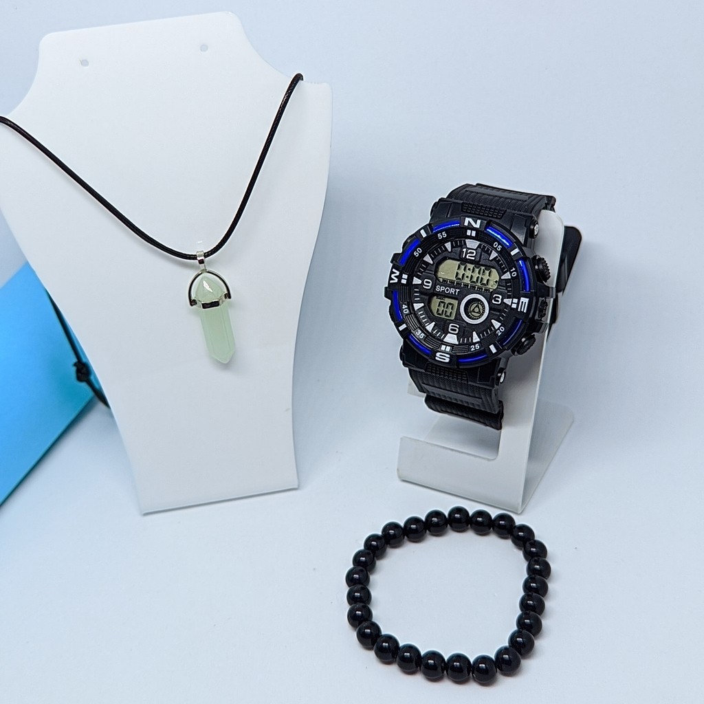 Kit Relógio de Pulso Infantil tipo Militar Digital Cronômetro Alarme Esporte + Colar Pedra cristal Pêndulo + Pulseira