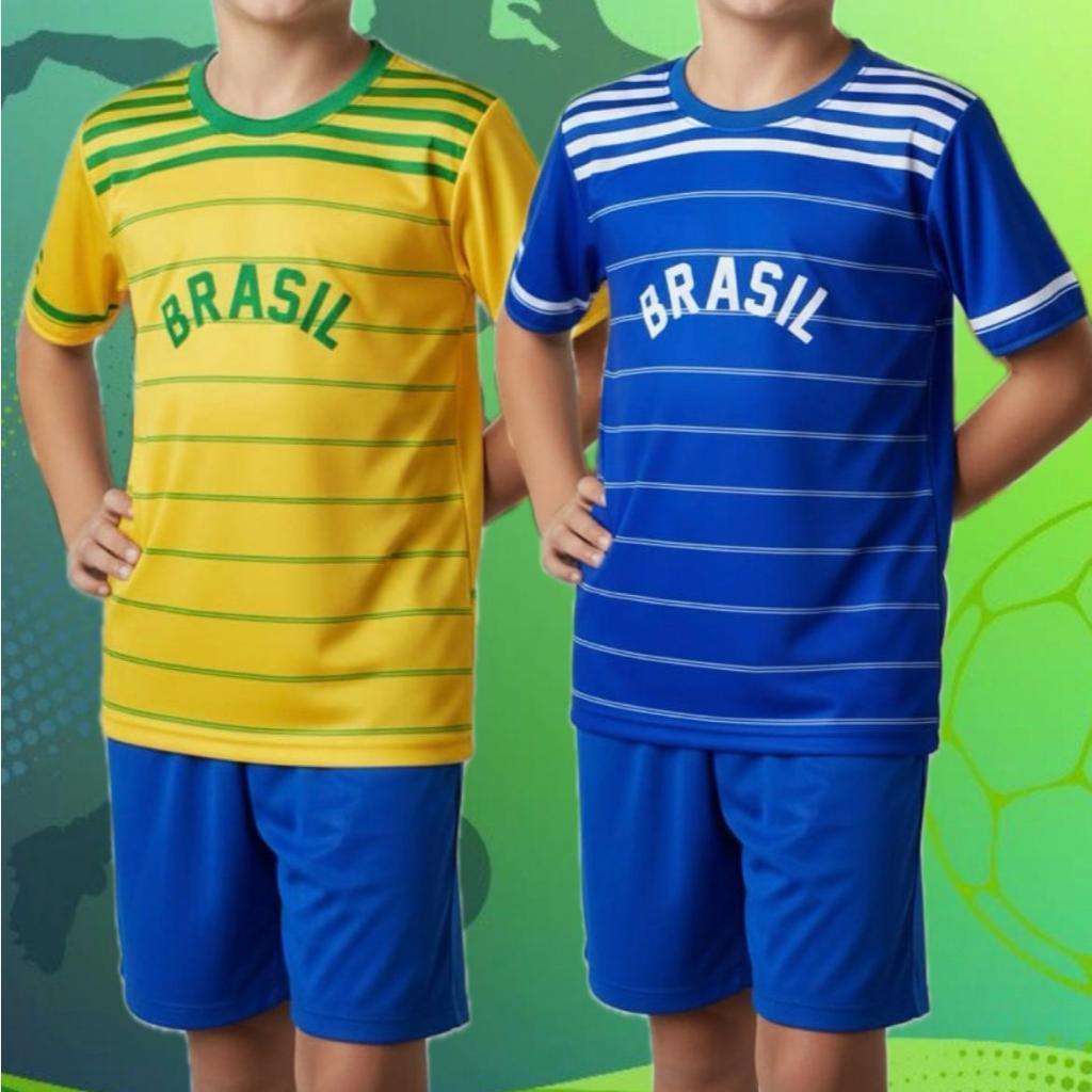 Kit Conjunto Camiseta e Shorts Juvenil Infantil Brasil Retro Listrado Patriota