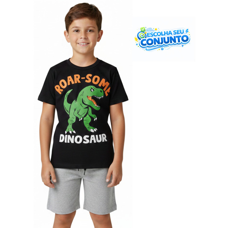 Conjunto Infantil Masculino Verão Dinossauro Camiseta 100% Algodão Preta Manga Curta Estampa Dino Bermuda Cinza Mescla