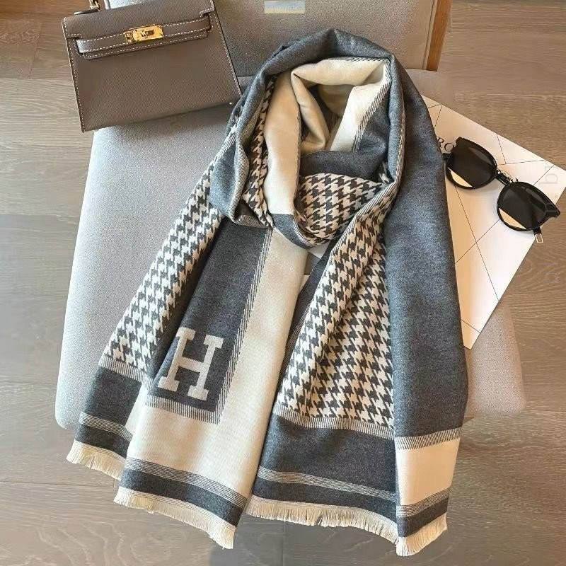 cachecol houndstooth high-end feminino inverno all-match grande xale versão coreana do cachecol carta sensação de em Oferta na Shopee
