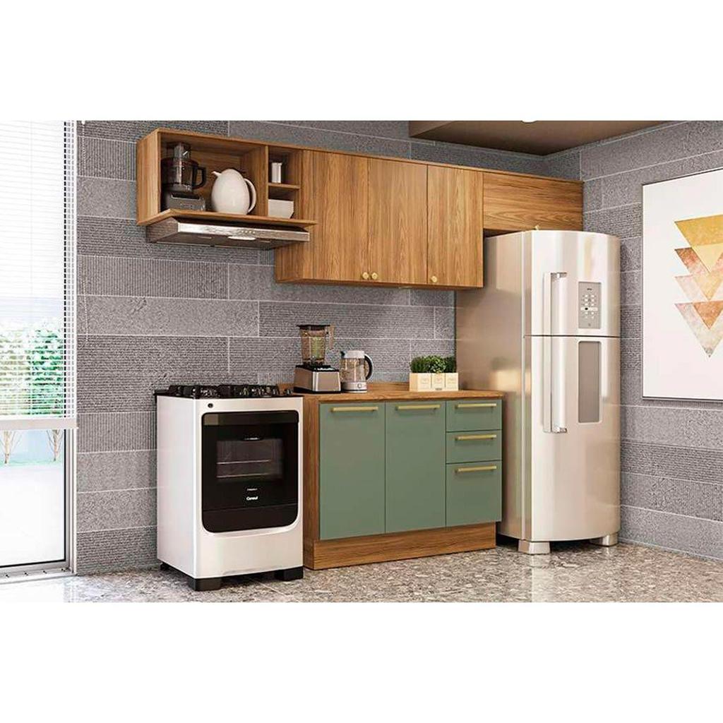 Cozinha Completa Botanic 5 Peças (3 Armários + 1 Balcão + 1 Complemento) M662 Nogueira/Verde Oliva - Kappesberg em Oferta na Shopee
