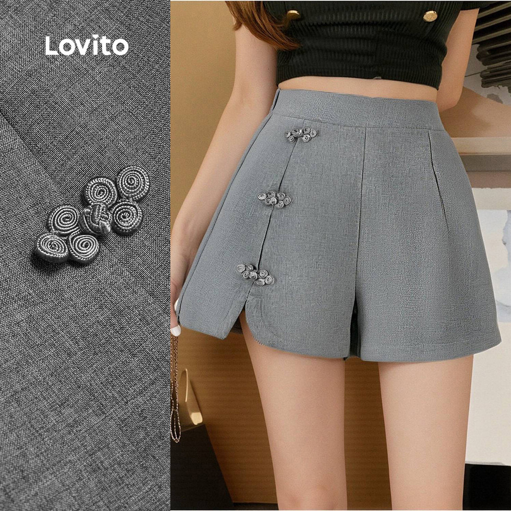 Lovito Shorts Elegantes Assimétricos com Botão Na Frente Primavera/verão Shorts Cinza Escuro para Mulheres LBL28018 em Oferta na Shopee