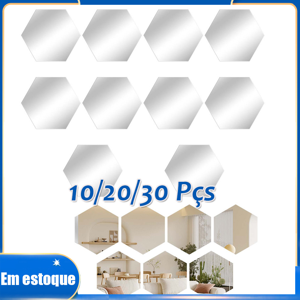 Kit 10/20/30pçs Espelhos Círculos Acrílico Hexágono Decorativo Adesivo para Parede Maquiagem Banheiro Moda 10x8.7cm