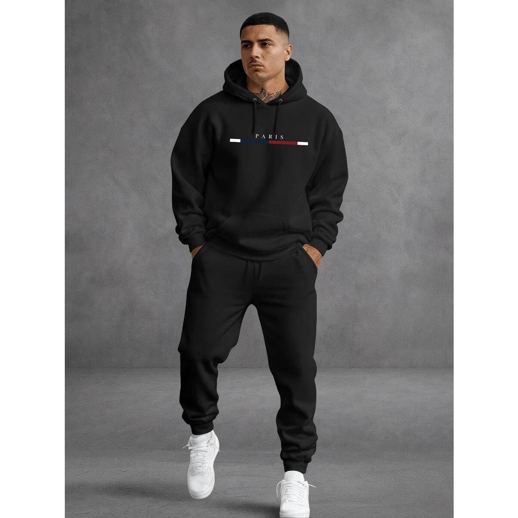 Conjunto Moletom  Estampado Paris Calça e Blusa Com Capuz Bolso Canguru unissex