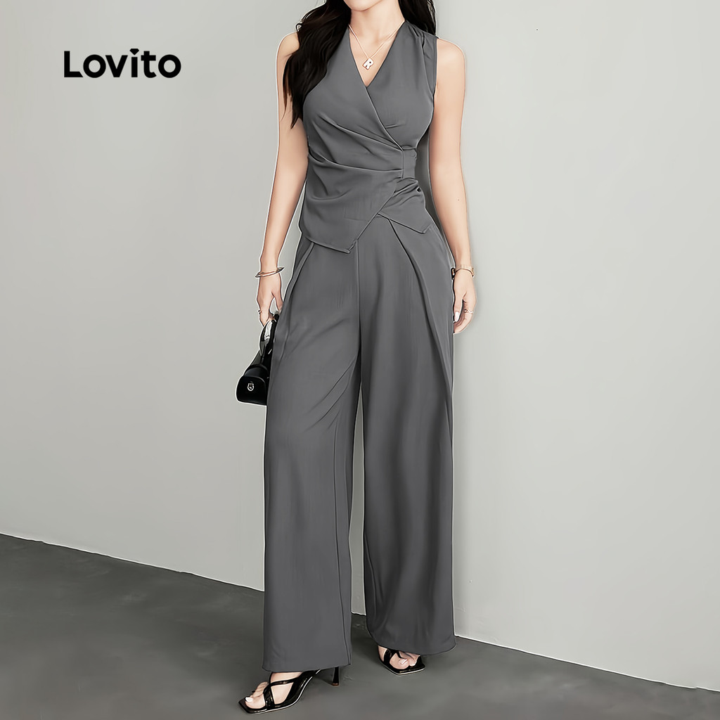 Lovito Calças Cinza de Primavera/verão com Pregas para O Dia a dia L183ED1069