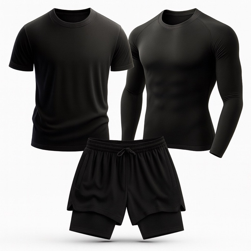 Kit Masculino 3 Peças – Camiseta Dry Fit + Camiseta Manga Longa UV + Bermuda 2 em 1 Compressão, Academia, Corrida