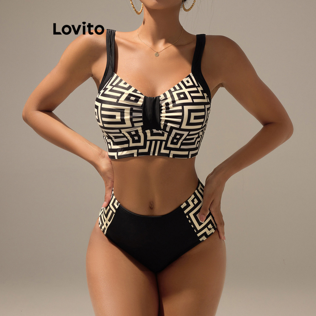 Lovito Conjuntos De Biquíni Boho Com Costura Geométrica Em Tecido Colorblock Conjuntos De Biquíni Para Mulheres LBL17663