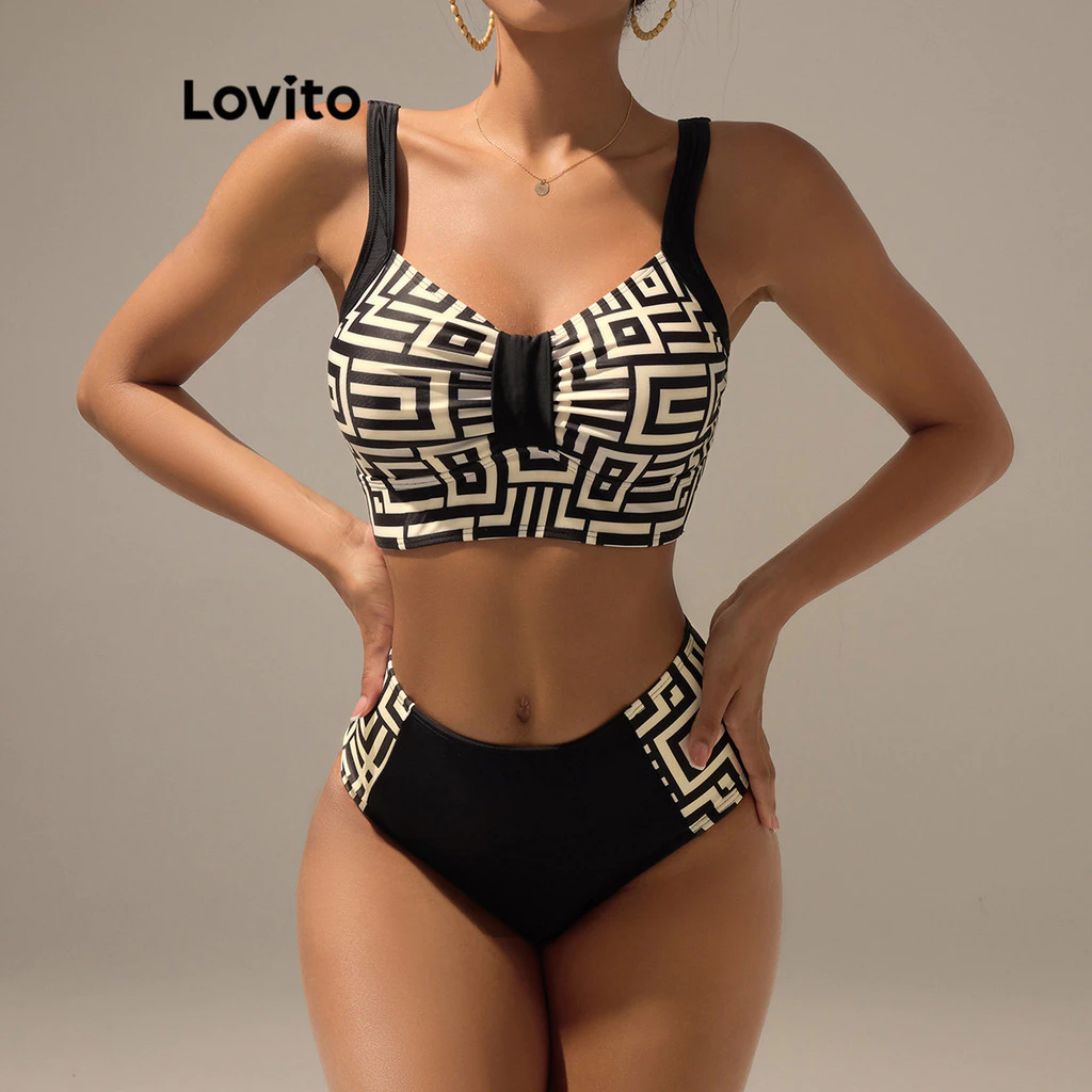 Lovito Férias Conjuntos De Biquíni Costura Geométrica Em Tecido Colorblock Conjuntos De Biquíni Para Mulheres LBL17663 — imagem 1