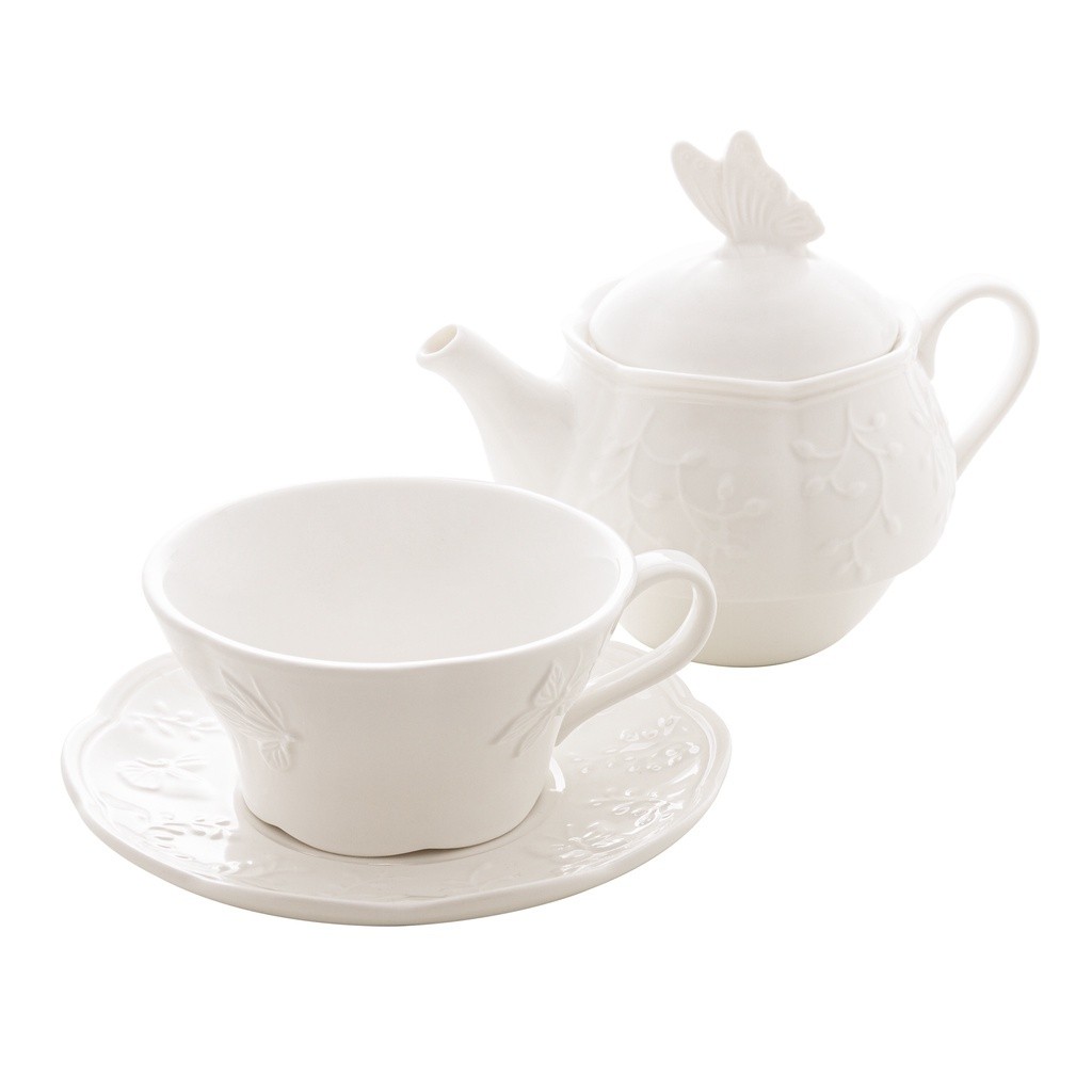 Conjunto de Bule e Xícara para Chá de Porcelana Borboleta Flores Branco 3 Peças New Bone Butterfly Flower Lyor