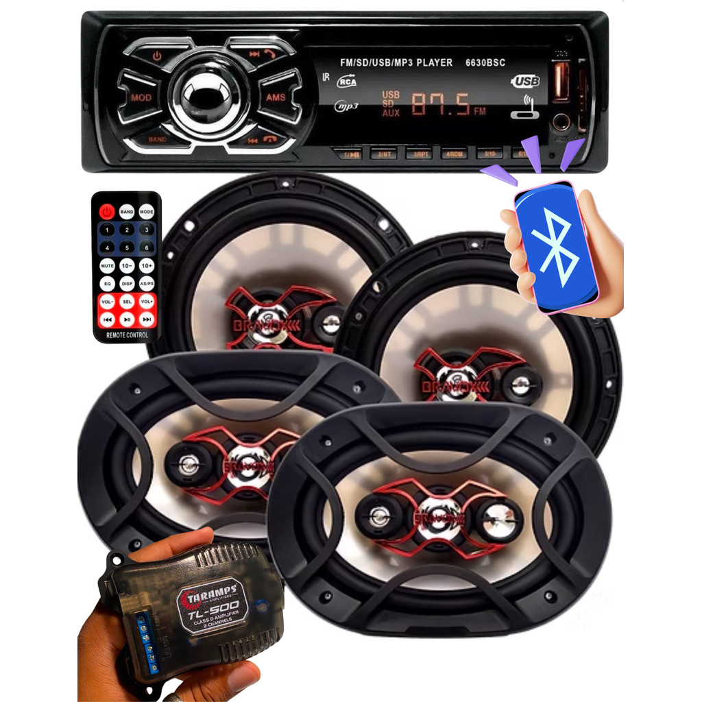 KIT FACIL BRAVOX Alto falante 6 e 69 + RADIO Bluetooth USB FM AUX FIRST OPTION + TL500 Potência 240W