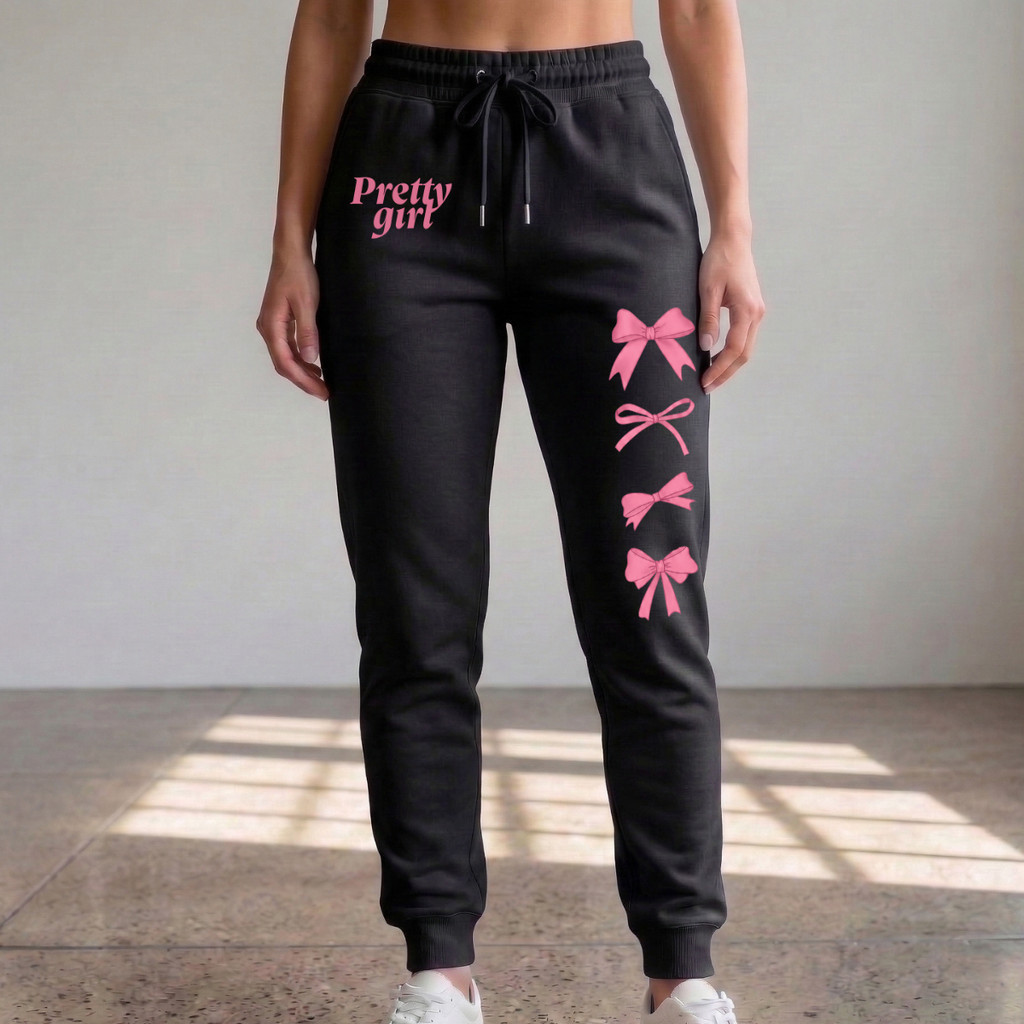Calça Moletom Feminina Pretty Girl Estampa de Laços Rosa Estilo Tumblr
