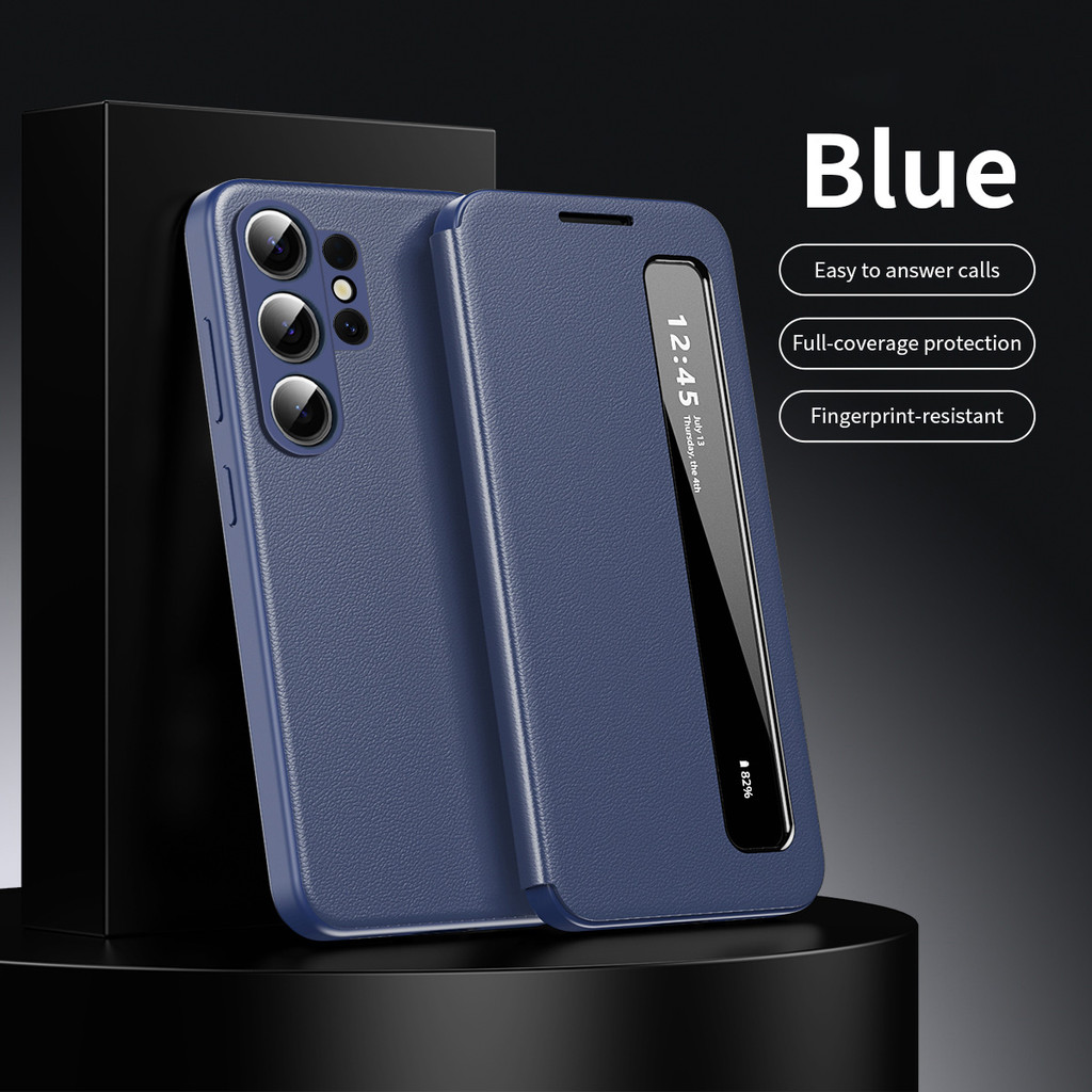 Capa De Couro Azul Smart View Para Samsung Galaxy S26 Ultra S26 Plus S25 S25 FE S24 S24 S23 S22 A55 A56 A36 A16 A17 Flip