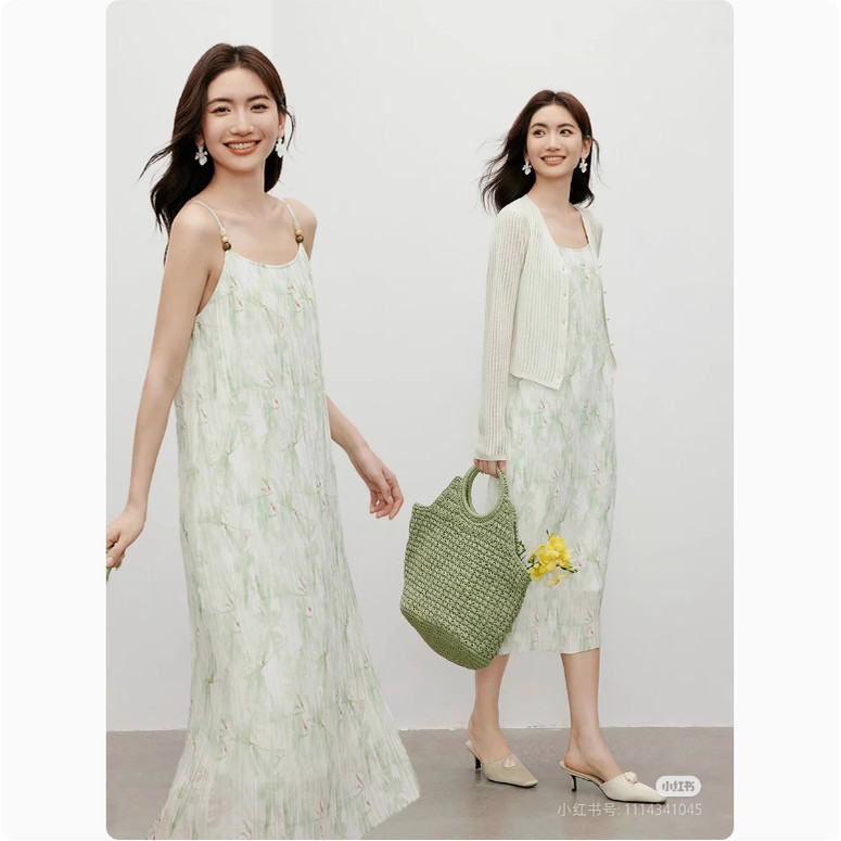 Saia suspensa verão Boutique feminina doce Floral névoa aquarela saia plissada francesa elegante vestido de Chiffon