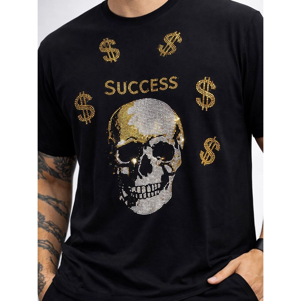 Camiseta Masculina Premium Strass Caveira Cifrão