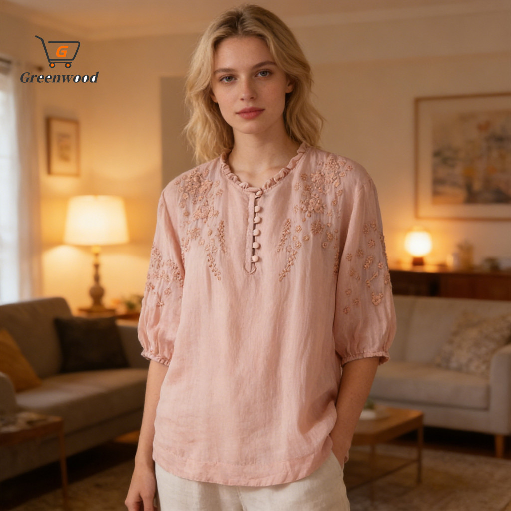 Women Linen Shirt Summer Breathable Women’s Embroidered Floral 3/4 Puff Sleeve Loose Fit Pullover Top Curved Hem Blous