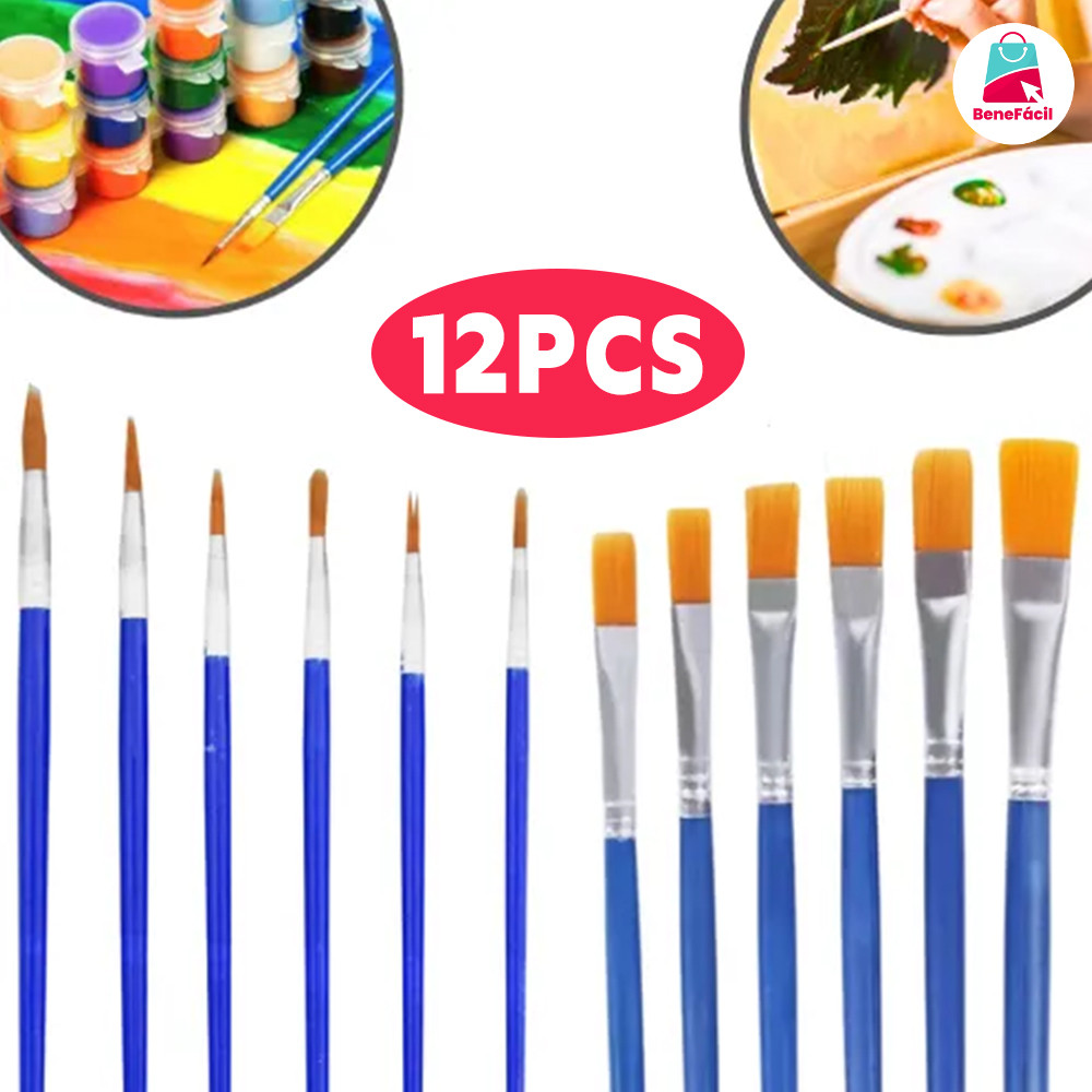 Kit12/24 Pincéis Nylon Artista Tinta Acrílica Guache Aquarela Não Solta Pelo Cerdas Macias Pintura Tela Artesanato Fino