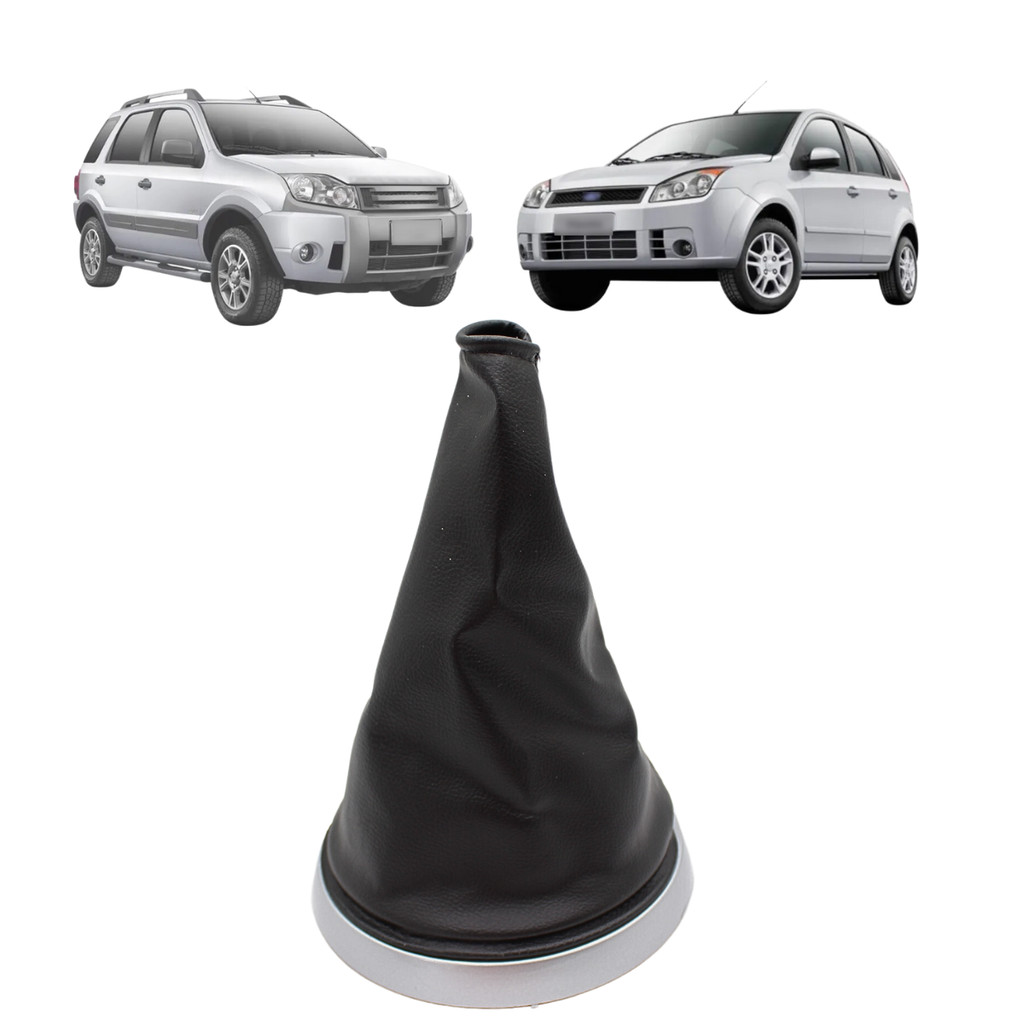 Coifa de Câmbio Ecosport Fiesta Hatch Sedan 03 a 11 Preta Couro Ecológico Base Cromada