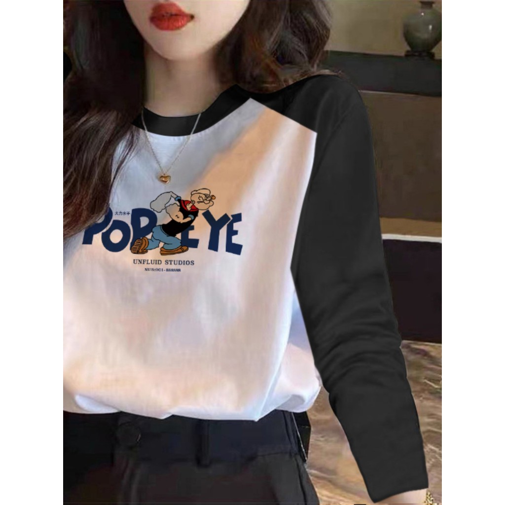 Camiseta feminina de manga comprida de algodão puro 2026 início da primavera novo estilo outono inverno estilo ocidental