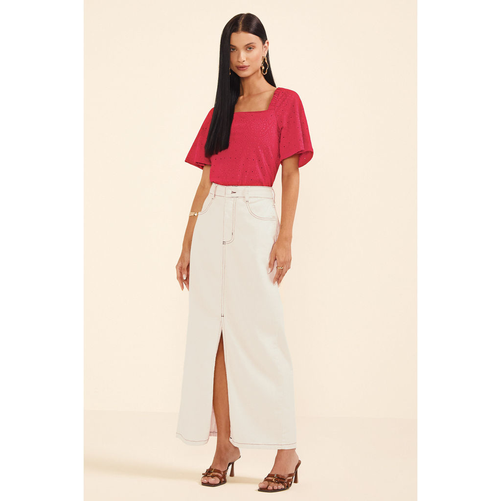 Saia Feminina Midi Sarja Elastano Marialícia Bege em Oferta na Shopee