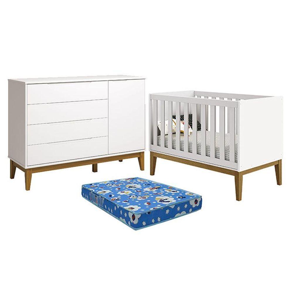 Berço Americano Cômoda Porta Classic Elfe Branco Acetinado Pés Madeira Colchão Ortobom Reller