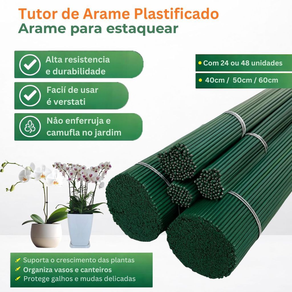 Tutor de Arame Plastificado - Estaquear - 40, 50, 60cm - 24 - 48 Plantas e flores
