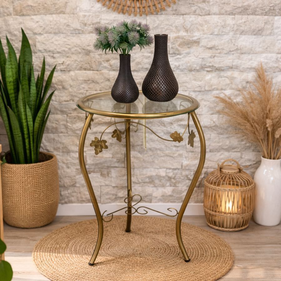 Aparador De Ferro Floral 79 Cm De Ferro Com Vidro Ideal para Mesinha Lateral Sala Quarto Decorativo Ferro