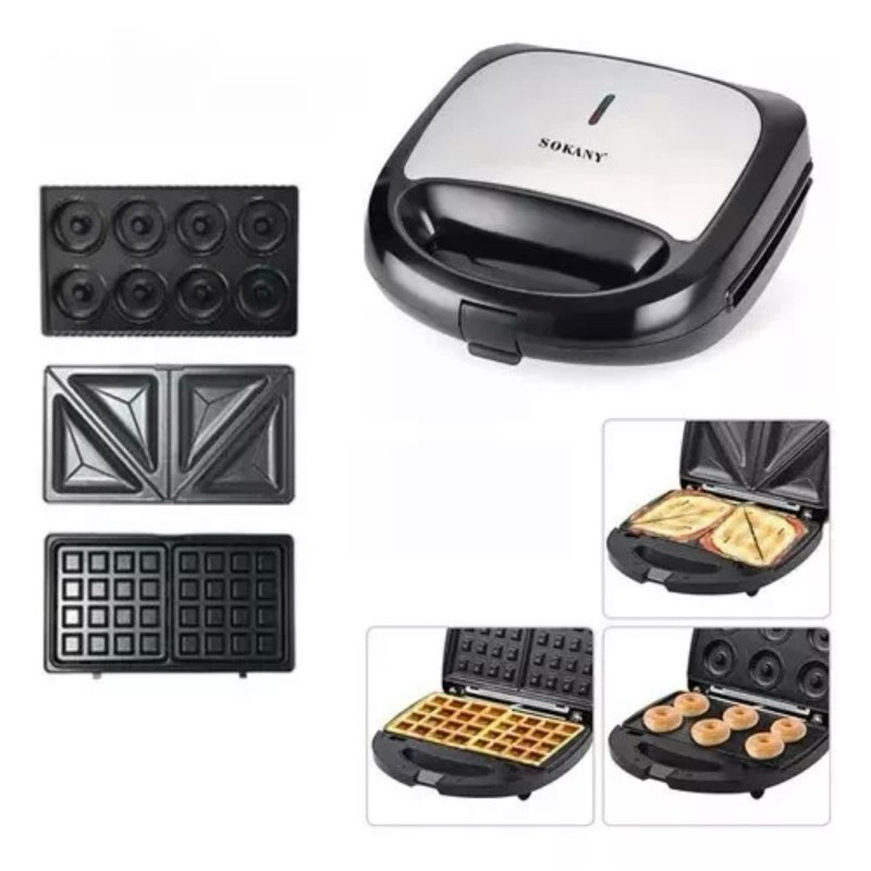 sanduicheira elétrica 3 em 1 waffle donuts de Sokany 750w 110v