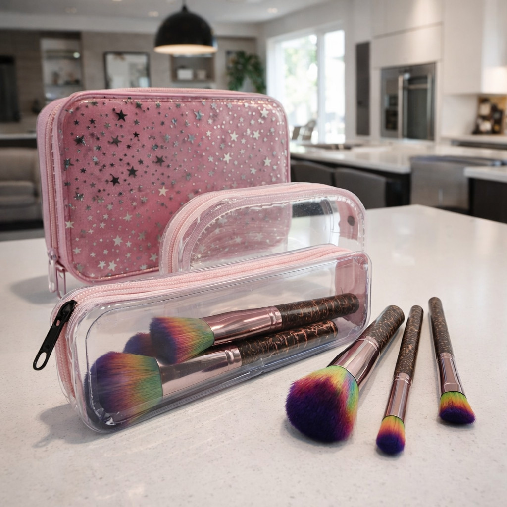 Jogo Maquiagem Box com Espelho + Necessaire + Estojo Transparente - Maquiagem