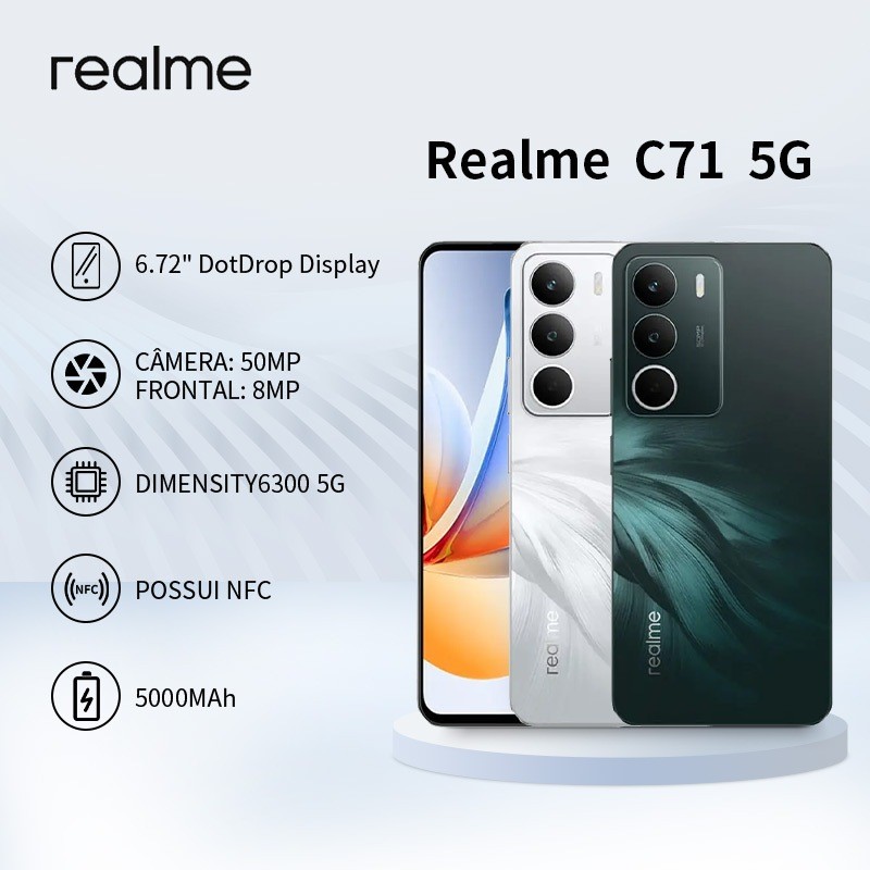 Celular Realme C71 5G Smartphone 8GB + 256GB Global versão NFC 50MP 5000 mAh Android 15 barato novo