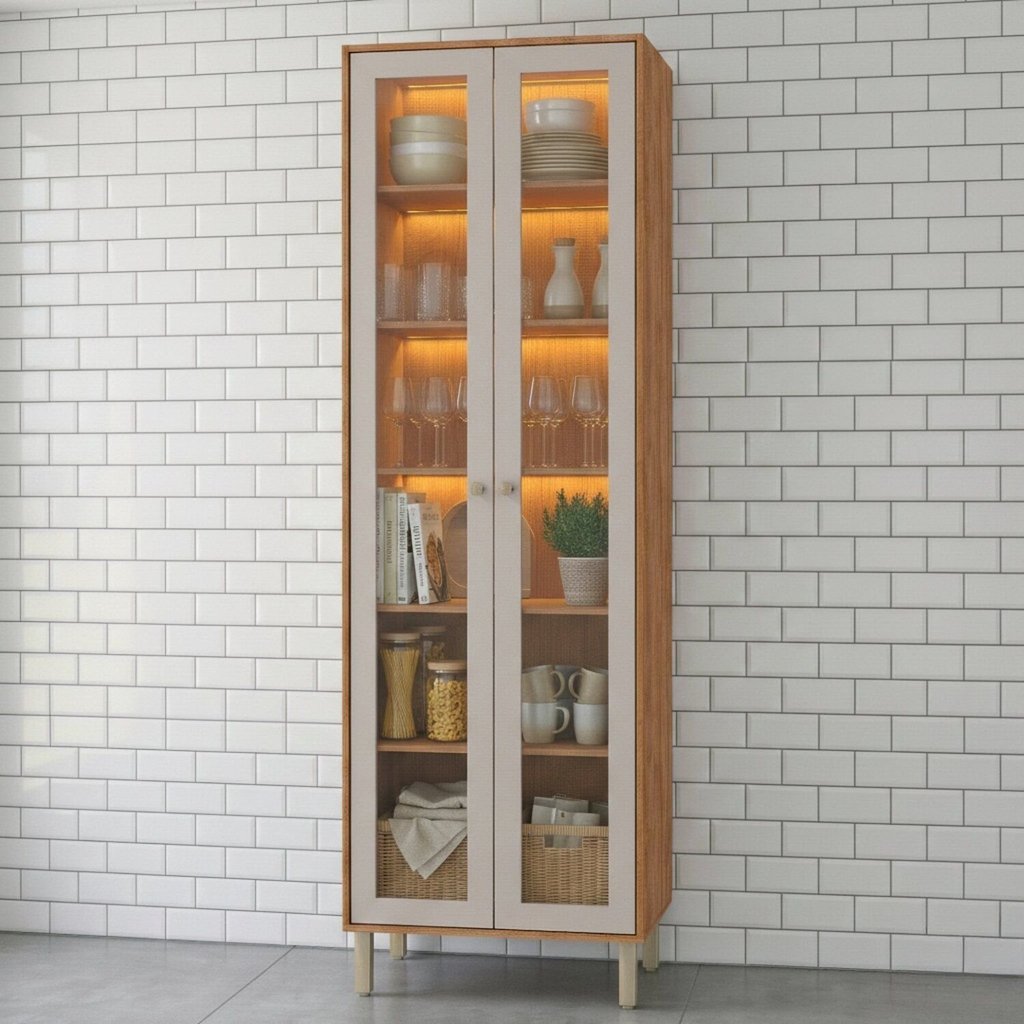 Cristaleira com LED 2 Portas Reflecta 70 cm Divina Brilhante Celeste Bege/Cinamomo/Offwhite