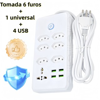 Régua Filtro de Linha com 7 Tomadas, 1 Universal, 4 USB, Bivolt 10A, Cabo 2 Metros, Segura e Confiável em Oferta na Shopee