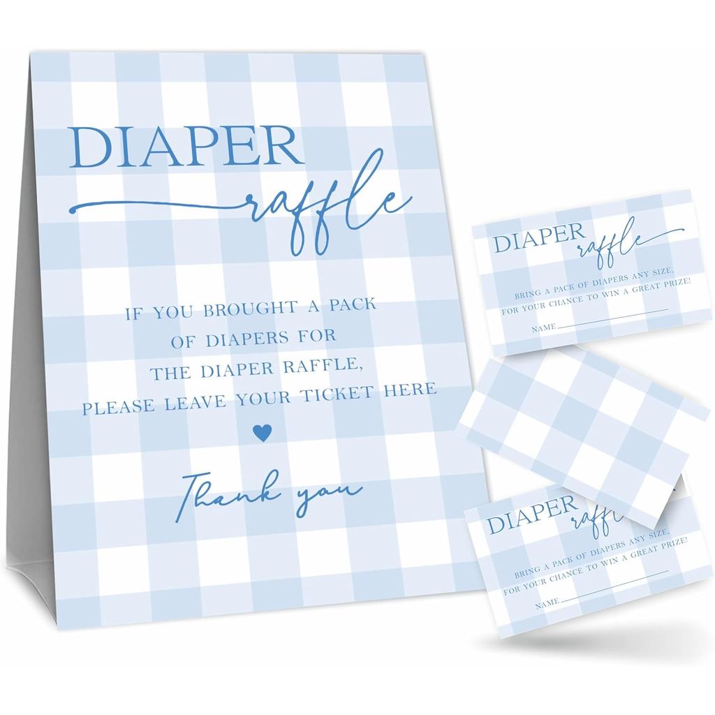 Kit de Jogo de Rifa de Fraldas - 50 Bilhetes de Rifa de Fraldas com 1 Placa Decorativa - Rifa de Fraldas em Estampa Xadr