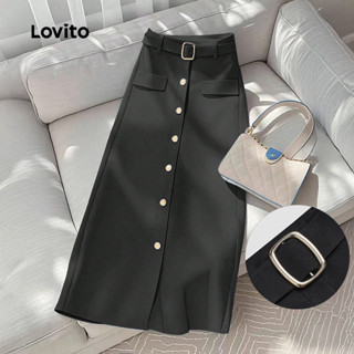 Lovito  Saias Elegantes Botão Frontal com Cinto Primavera/verão Saias Pretas para mulheres. LBL33079 em Oferta na Shopee