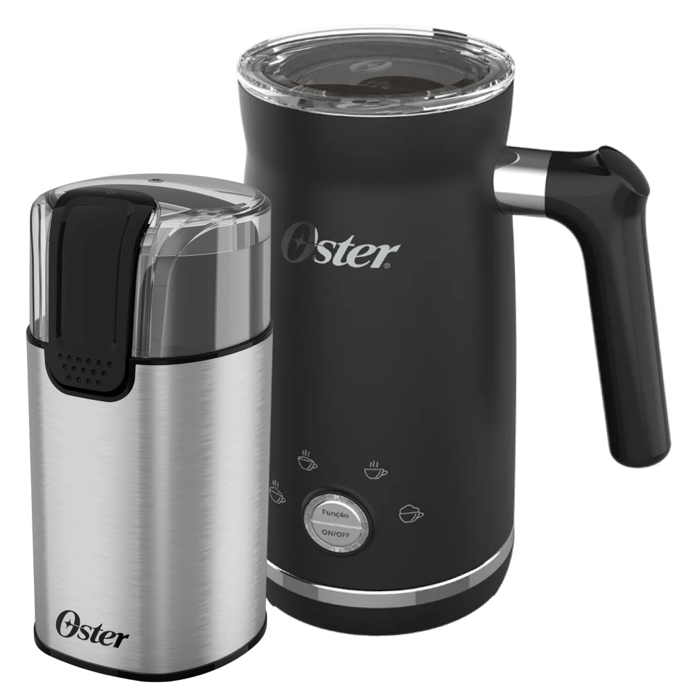 Kit Moedor de Café Elétrico Inox e Espumador de Leite Oster em Oferta na Shopee