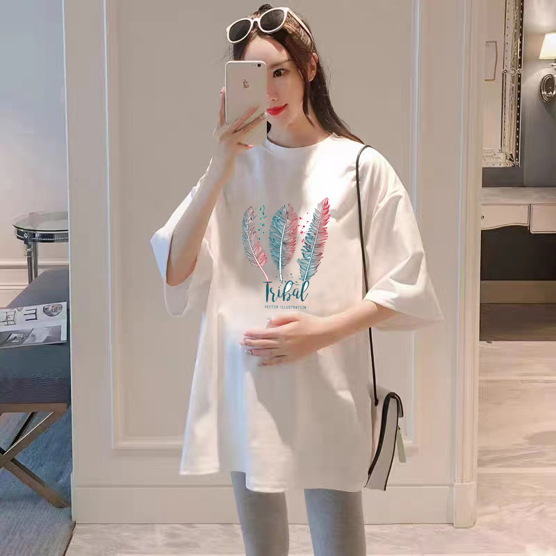 Vestido de verão para maternidade, comprimento médio, novo estilo, versão coreana, camiseta branca de manga curta, femin