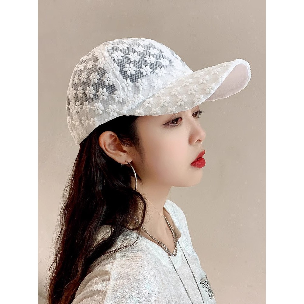 Chapéu feminino estilo fino chapéu de sol capa de verão rosto protetor solar boné de renda na moda Casual oco flor boné